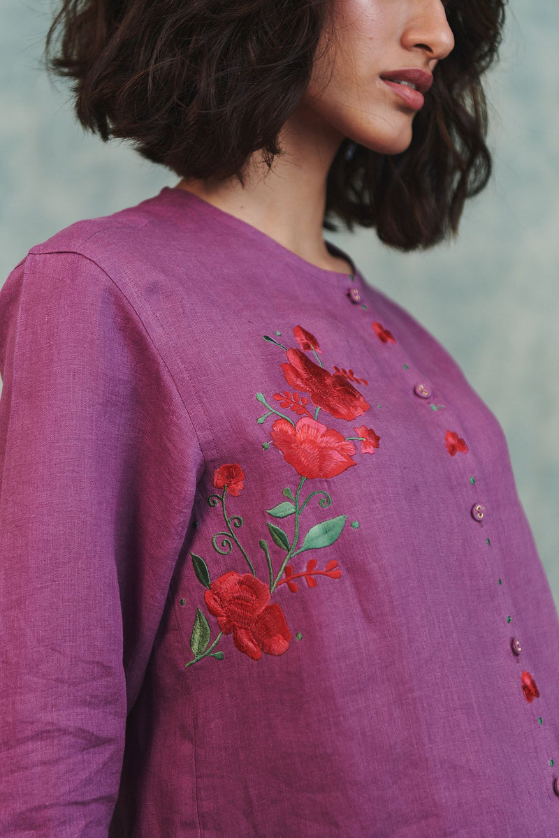 Berry Linen Embroidered Round Hem Shirt 100% pure linen top/shirt by Saphed in lilac for women Worldwide