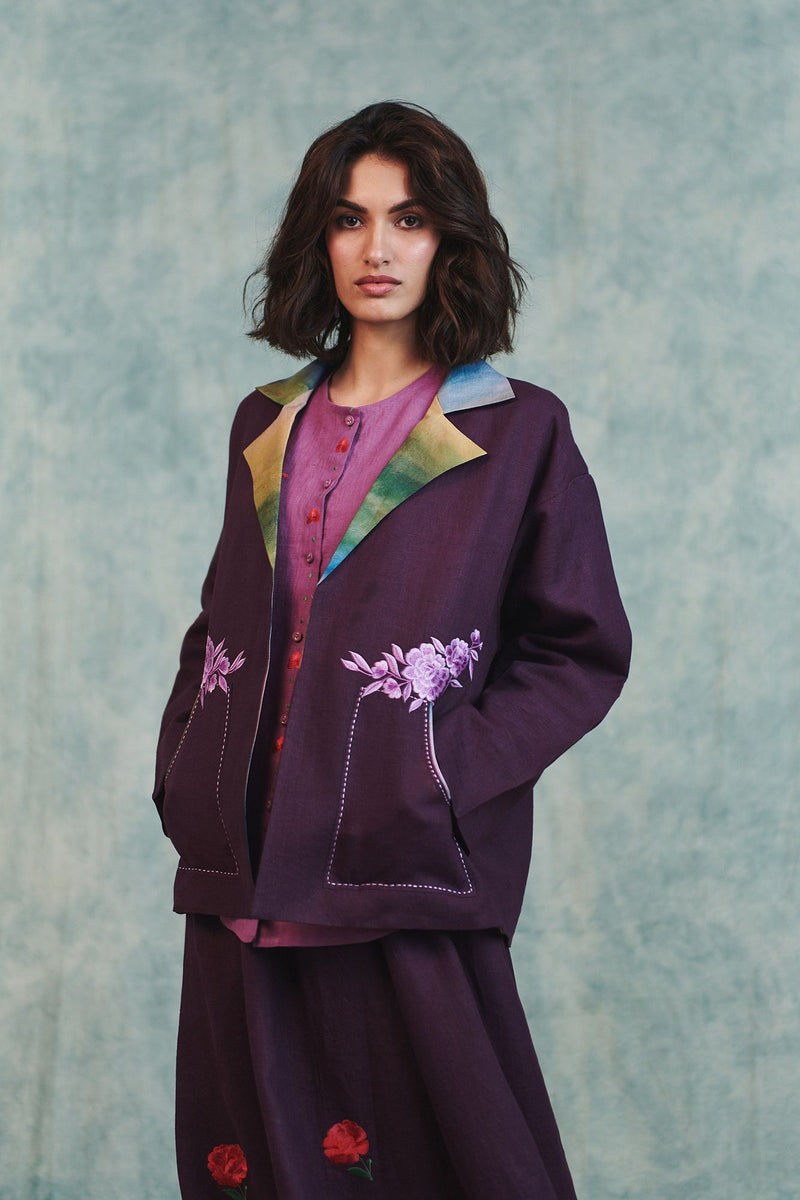 Plum Linen Unisex Embroidered Open Jacket 100% pure linen jacket/overlay by Saphed in plum for women Worldwide