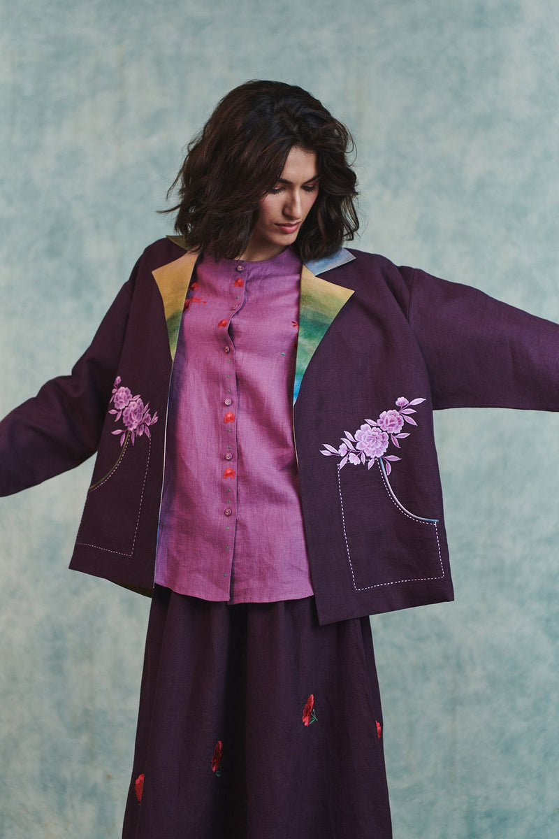 Plum Linen Sculpted Jumpsuit 100% pure linen jumpsuit by Saphed in plum for women Worldwide
