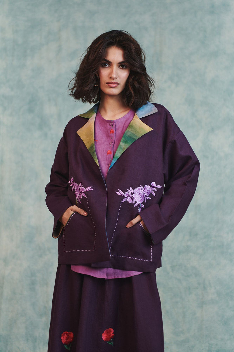 Plum Linen Unisex Embroidered Open Jacket 100% pure linen jacket/overlay by Saphed in plum for women Worldwide