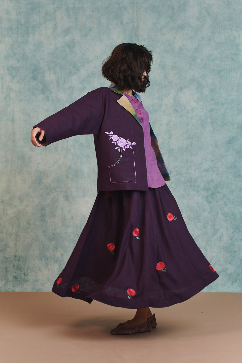 Plum Linen Embroidered Flared Skirt 100% pure linen skirt by Saphed in plum for women Worldwide