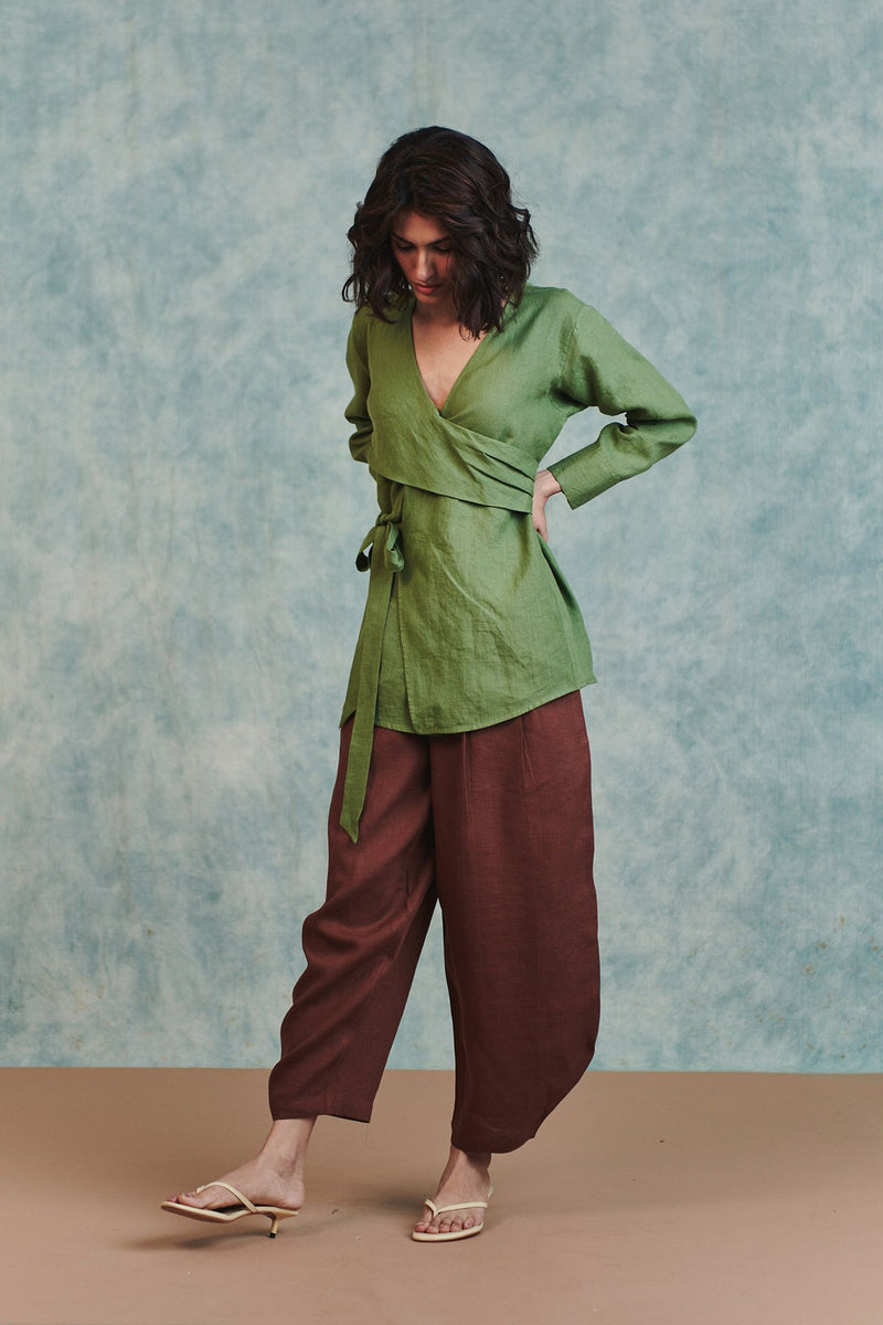 Chocolate Linen Billow Pants 100% pure linen pant/trouser by Saphed in brown for women Worldwide