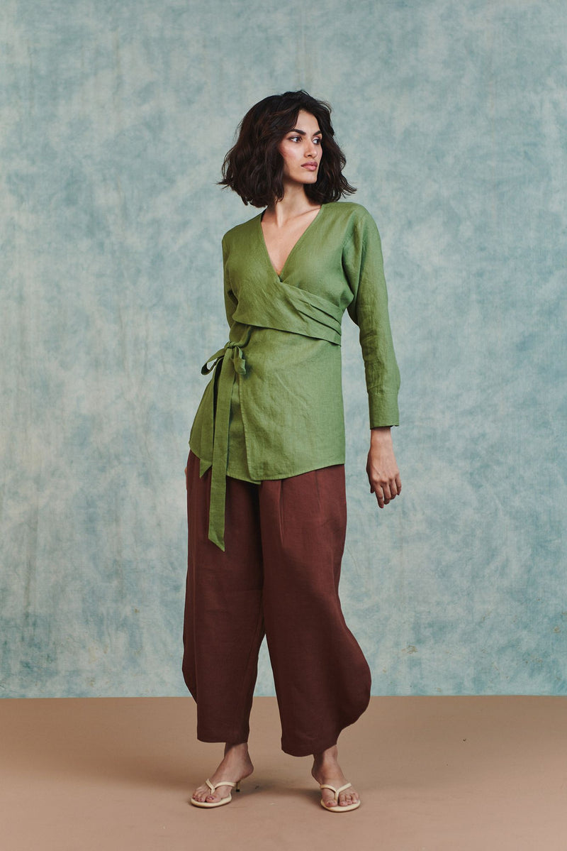 Chocolate Linen Billow Pants 100% pure linen pant/trouser by Saphed in brown for women Worldwide