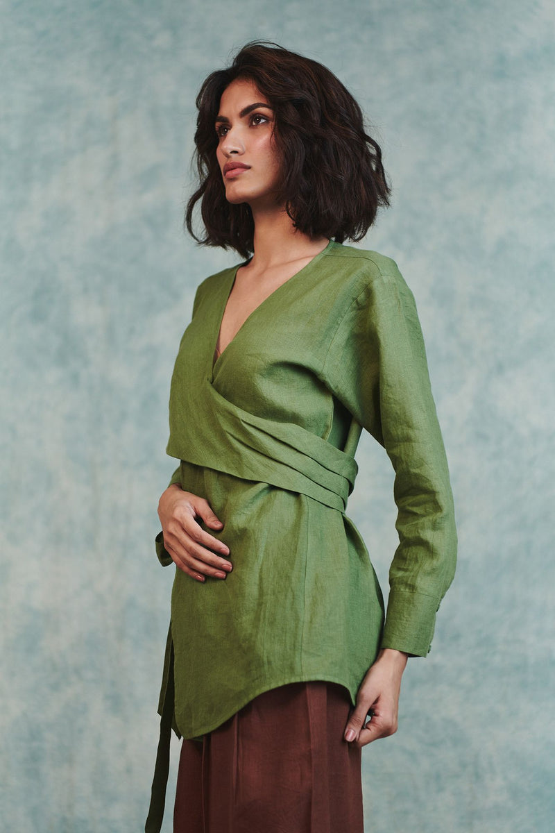Moss Linen Wrap Top 100% pure linen top/shirt by Saphed in moss green for women Worldwide