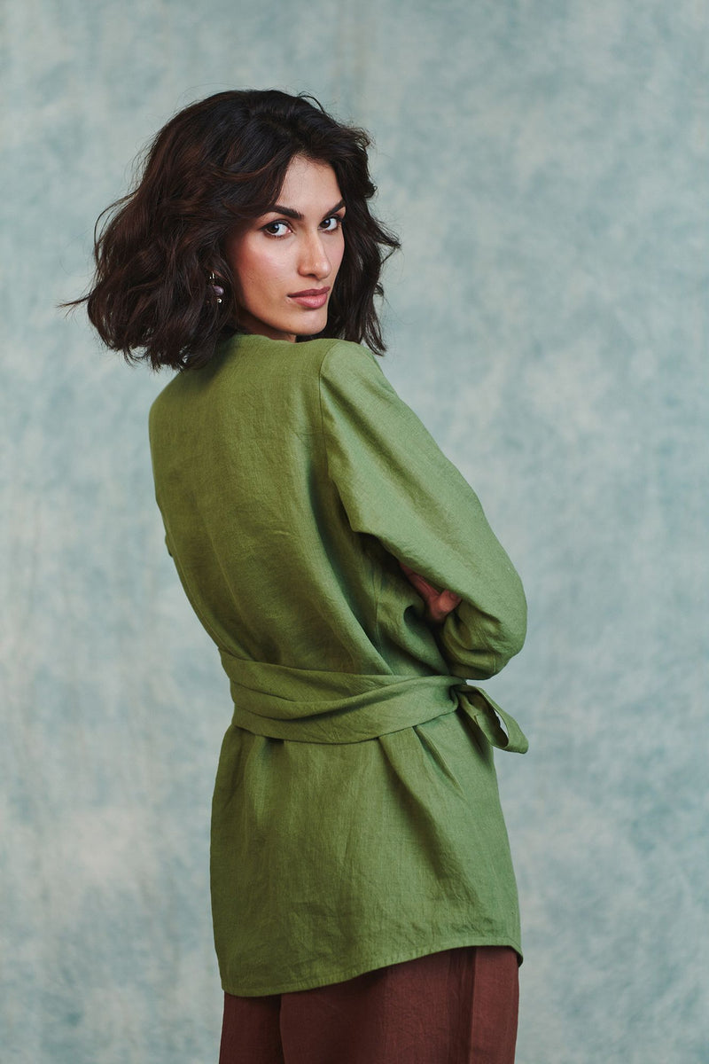Moss Linen Wrap Top 100% pure linen top/shirt by Saphed in moss green for women Worldwide