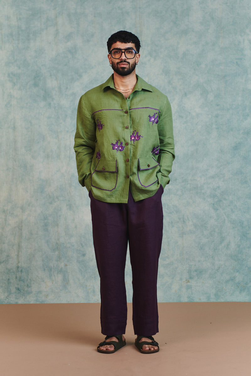 Moss Linen Embroidered Men's Overshirt linen shirt by Saphed Men in moss green for men Worldwide