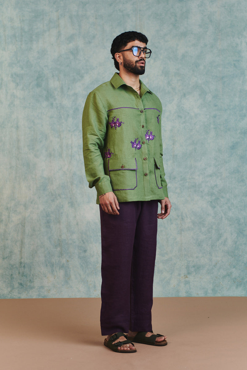 Moss Linen Embroidered Men's Overshirt linen shirt by Saphed Men in moss green for men Worldwide