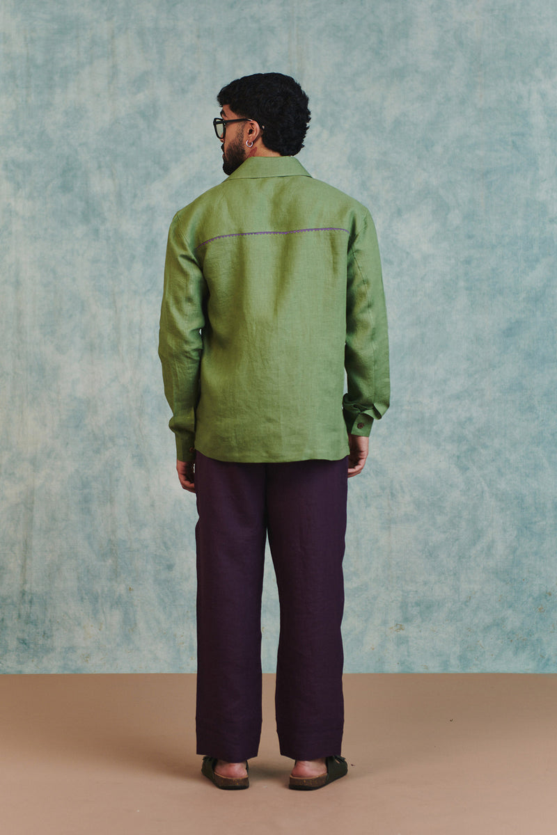 Moss Linen Embroidered Men's Overshirt linen shirt by Saphed Men in moss green for men Worldwide