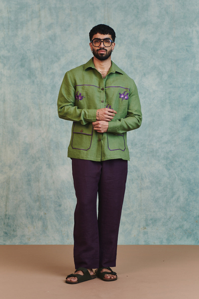 Moss Linen Embroidered Men's Overshirt linen shirt by Saphed Men in moss green for men Worldwide