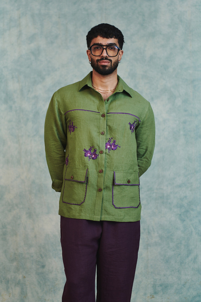 Moss Linen Embroidered Men's Overshirt linen shirt by Saphed Men in moss green for men Worldwide