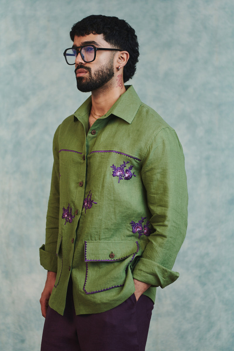 Moss Linen Embroidered Men's Overshirt linen shirt by Saphed Men in moss green for men Worldwide