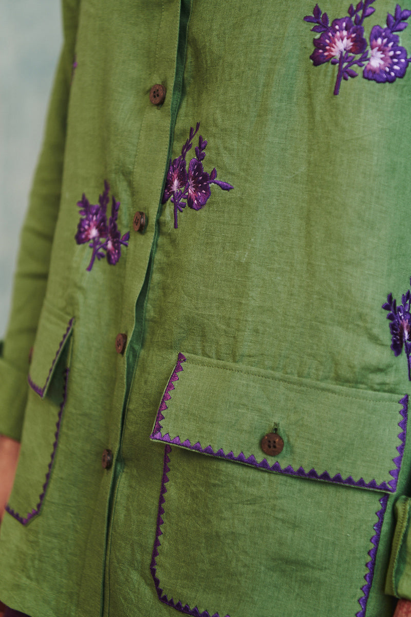 Moss Linen Embroidered Men's Overshirt linen shirt by Saphed Men in moss green for men Worldwide
