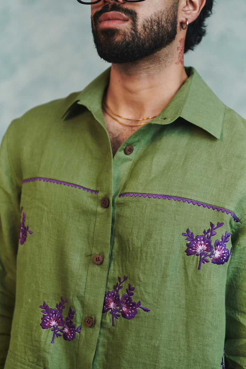 Moss Linen Embroidered Men's Overshirt linen shirt by Saphed Men in moss green for men Worldwide