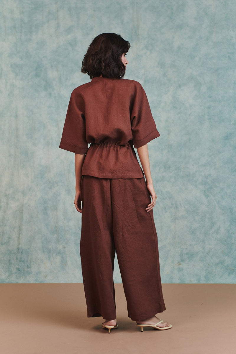 Chocolate Linen Pleated Tuck 
 Pants 100% pure linen pant/trouser by Saphed in brown for women Worldwide