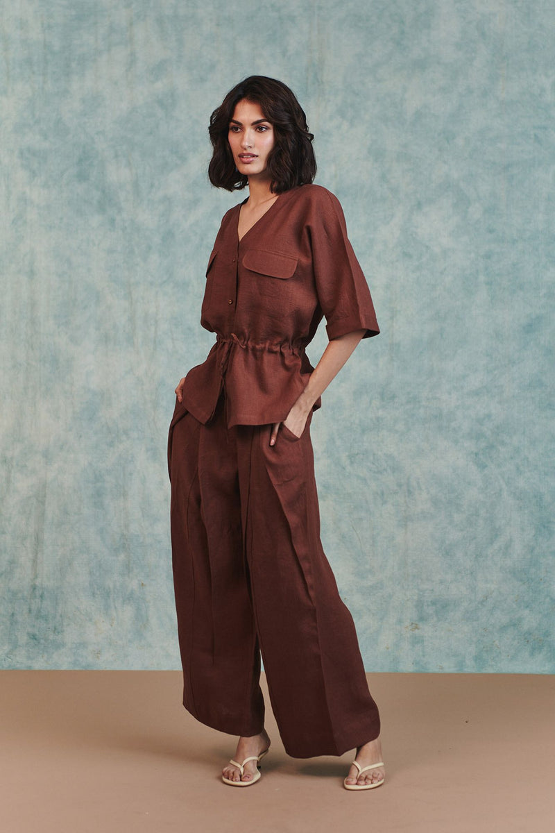 Chocolate Linen Pleated Tuck 
 Pants 100% pure linen pant/trouser by Saphed in brown for women Worldwide