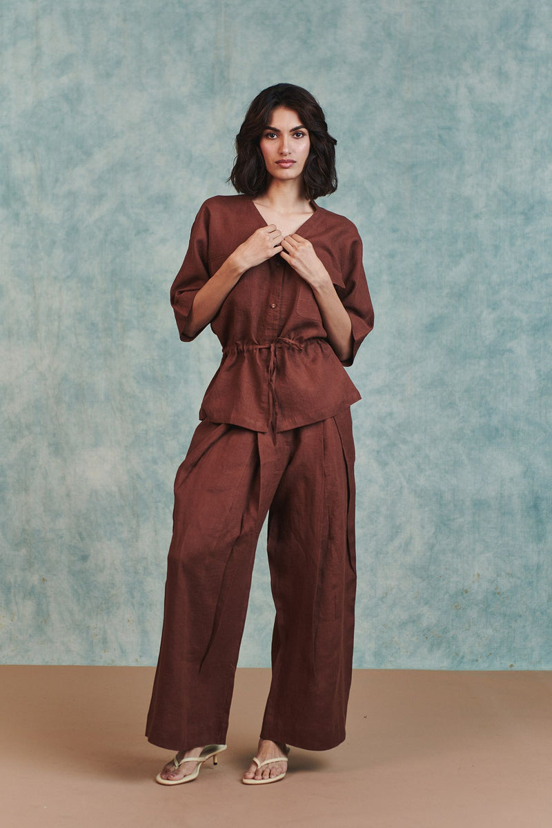 Chocolate Linen Pleated Tuck 
 Pants 100% pure linen pant/trouser by Saphed in brown for women Worldwide