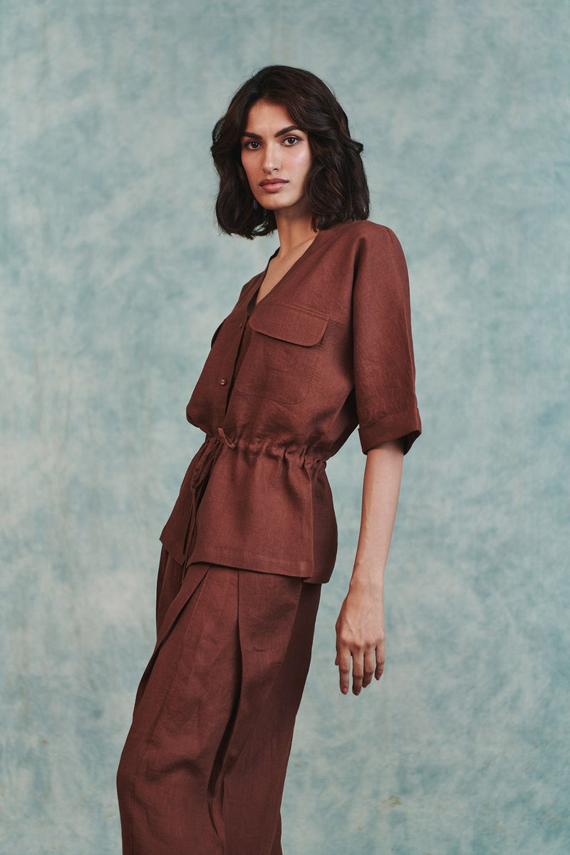 Chocolate Linen Drawstring Shirt and Pleated Tuck Pants Set 100% pure linen co-ord set by Saphed in brown for women Worldwide
