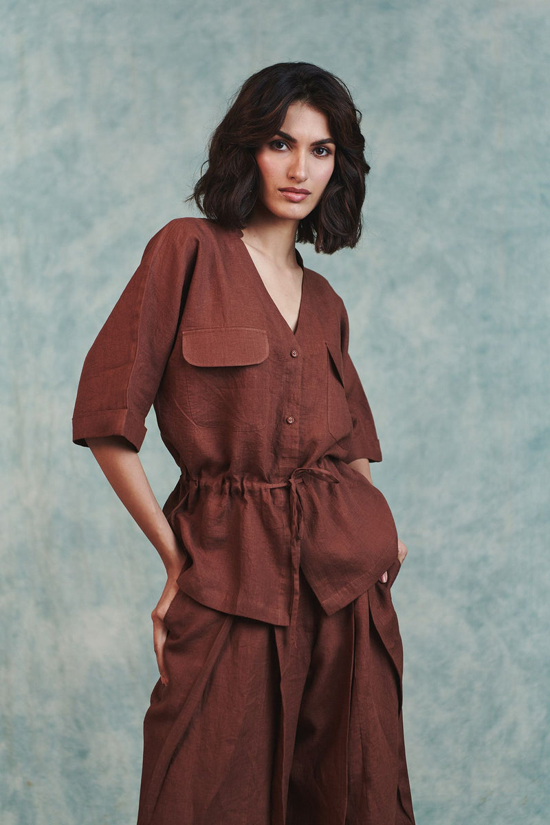 Chocolate Linen Drawstring Shirt and Pleated Tuck Pants Set 100% pure linen co-ord set by Saphed in brown for women Worldwide