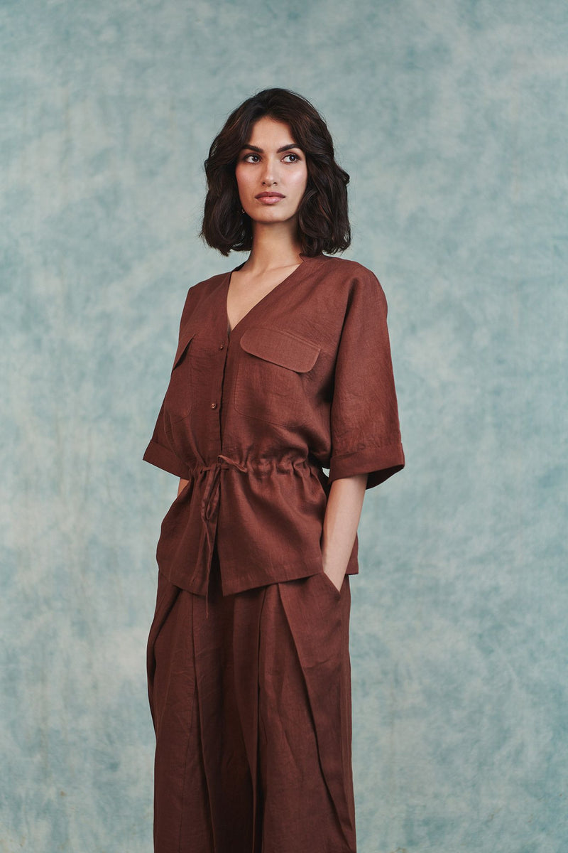 Chocolate Linen Drawstring Shirt 100% pure linen top/shirt by Saphed in brown for women Worldwide