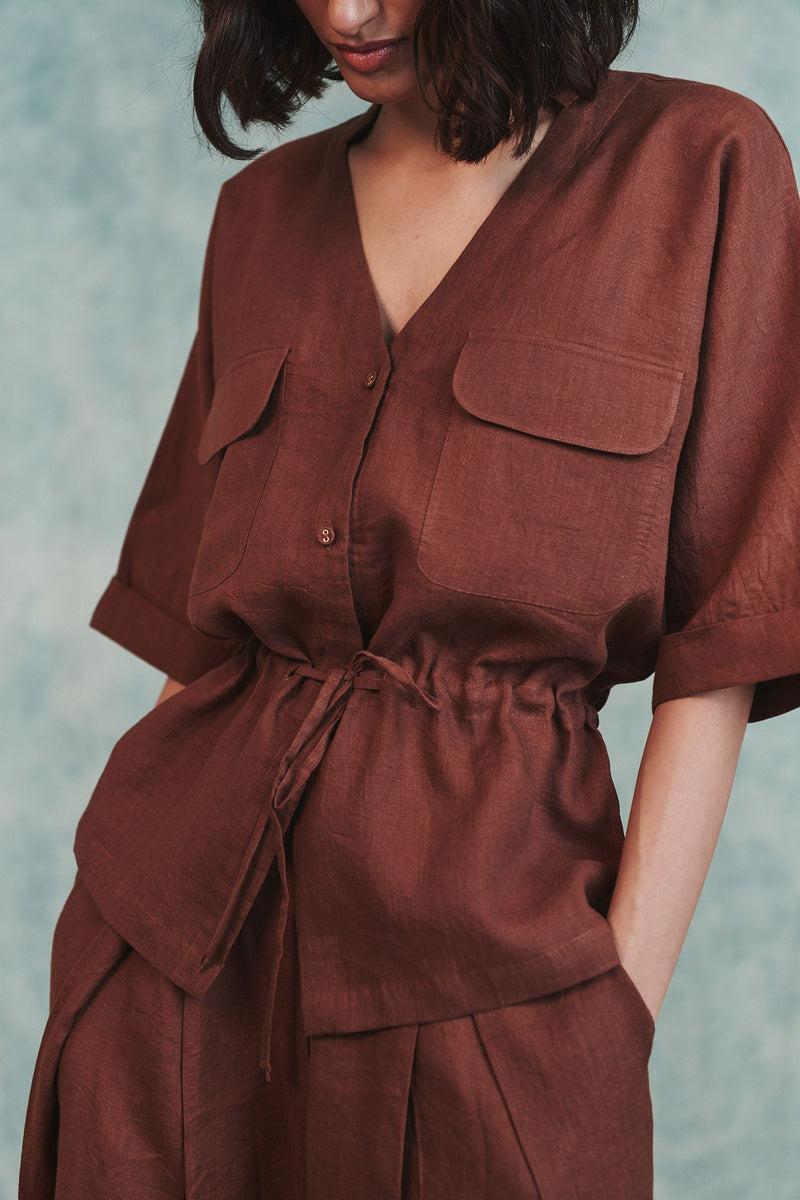 Chocolate Linen Drawstring Shirt 100% pure linen top/shirt by Saphed in brown for women Worldwide