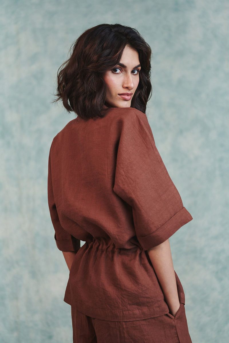 Chocolate Linen Drawstring Shirt and Pleated Tuck Pants Set 100% pure linen co-ord set by Saphed in brown for women Worldwide