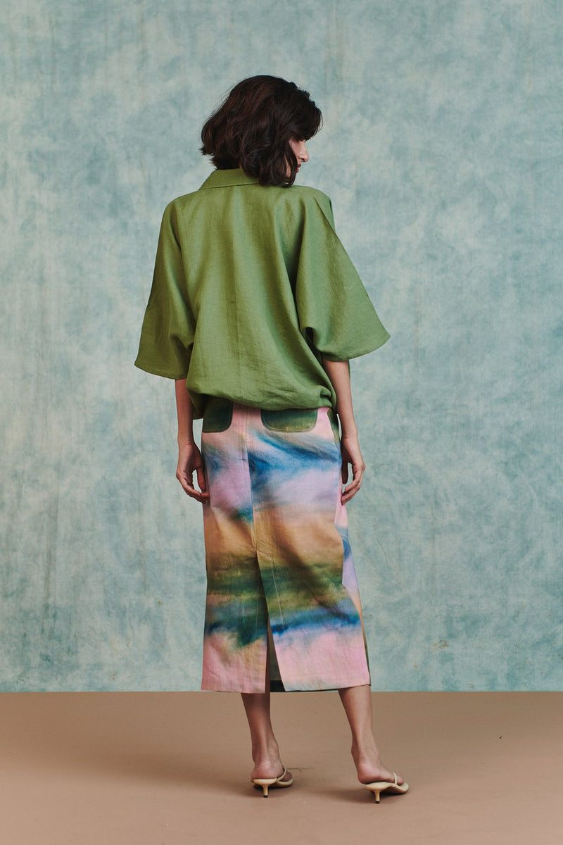 Moss Linen Applique Breeze Shirt 100% pure linen top/shirt by Saphed in moss green for women Worldwide