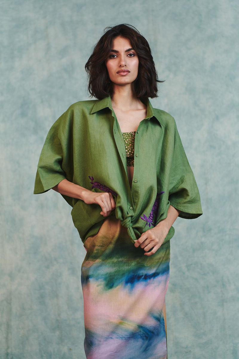 Moss Linen Applique Breeze Shirt 100% pure linen top/shirt by Saphed in moss green for women Worldwide