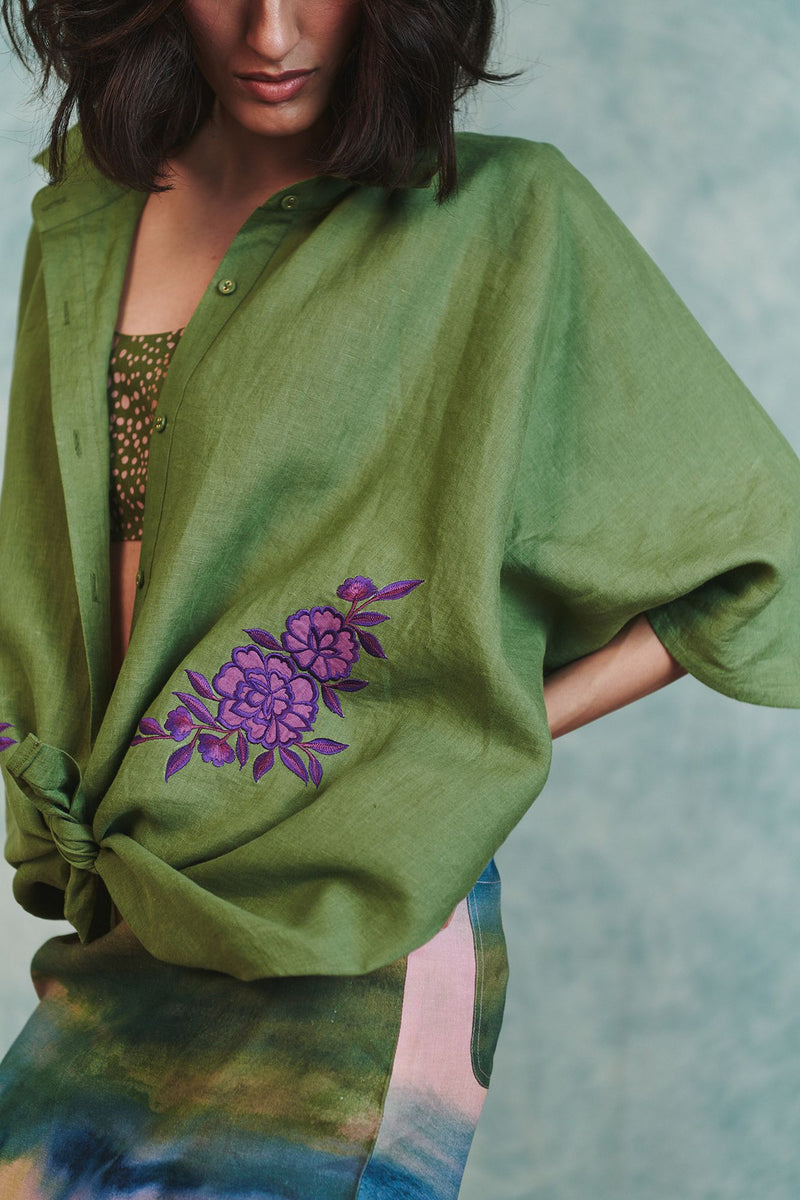 Moss Linen Applique Breeze Shirt 100% pure linen top/shirt by Saphed in moss green for women Worldwide