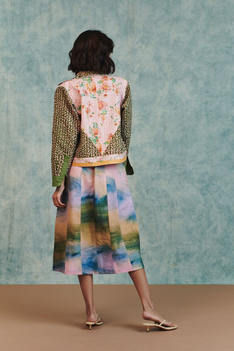 Blot Co linen Kantha Bolero Jacket cotton linen jacket/overlay by Saphed in green for women Worldwide