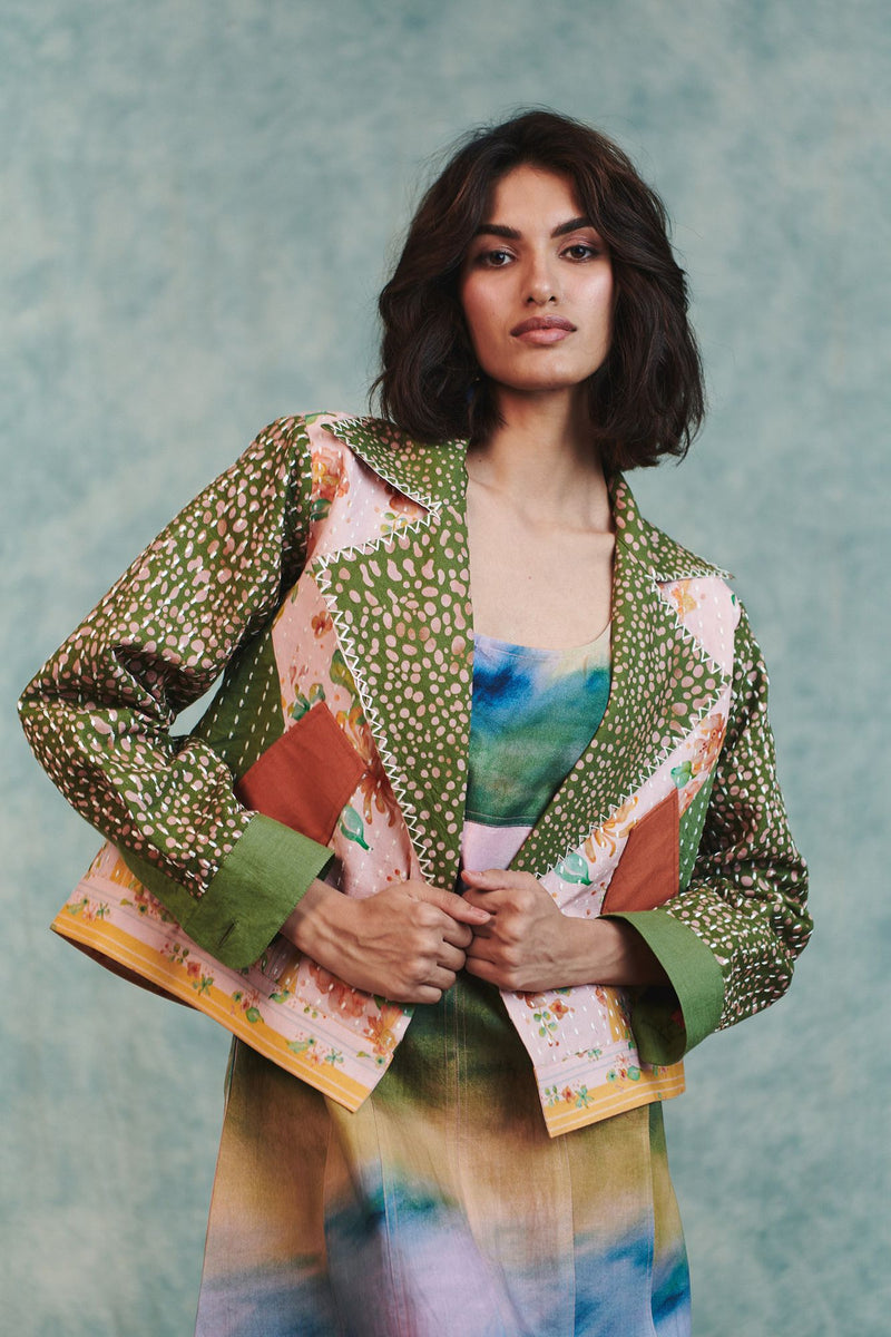 Blot Co linen Kantha Bolero Jacket cotton linen jacket/overlay by Saphed in green for women Worldwide
