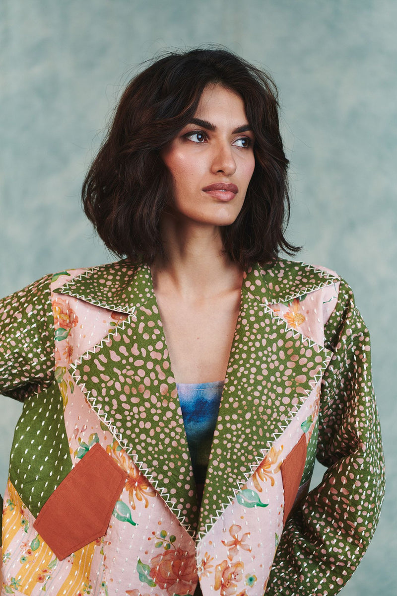Blot Co linen Kantha Bolero Jacket cotton linen jacket/overlay by Saphed in green for women Worldwide