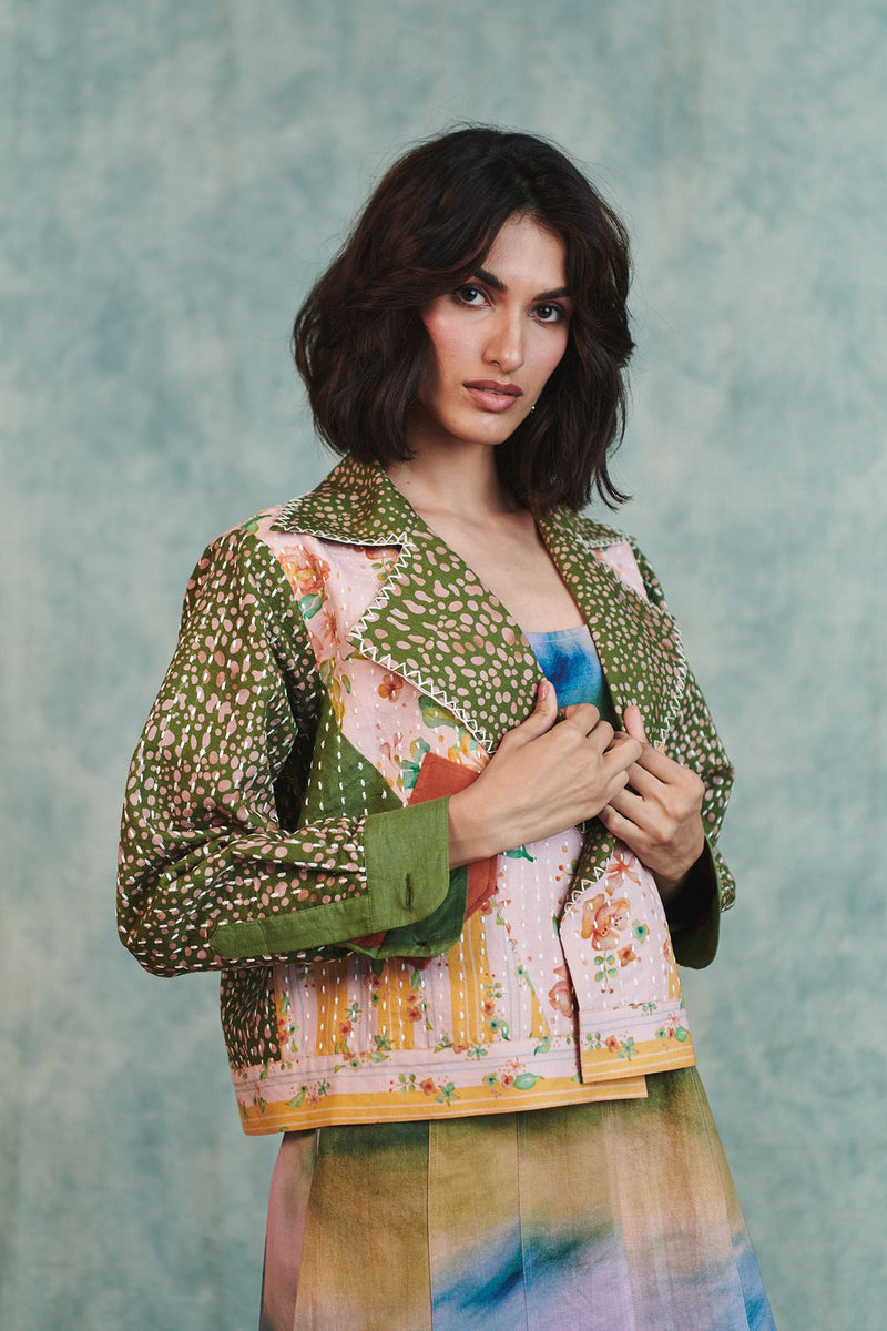 Blot Co linen Kantha Bolero Jacket cotton linen jacket/overlay by Saphed in green for women Worldwide
