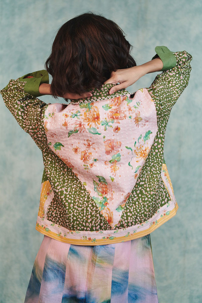 Blot Co linen Kantha Bolero Jacket cotton linen jacket/overlay by Saphed in green for women Worldwide