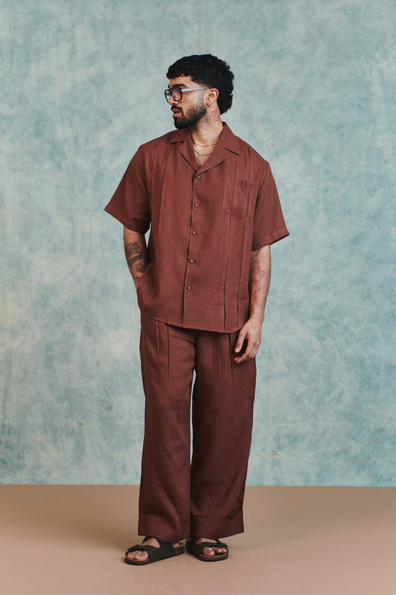 Chocolate Linen Men's Pleated Camp Collar Shirt linen shirt by Saphed Men in brown for men Worldwide