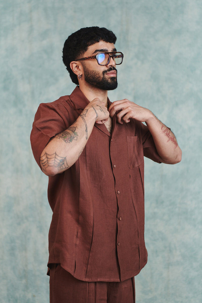 Chocolate Linen Men's Pleated Camp Collar Shirt linen shirt by Saphed Men in brown for men Worldwide
