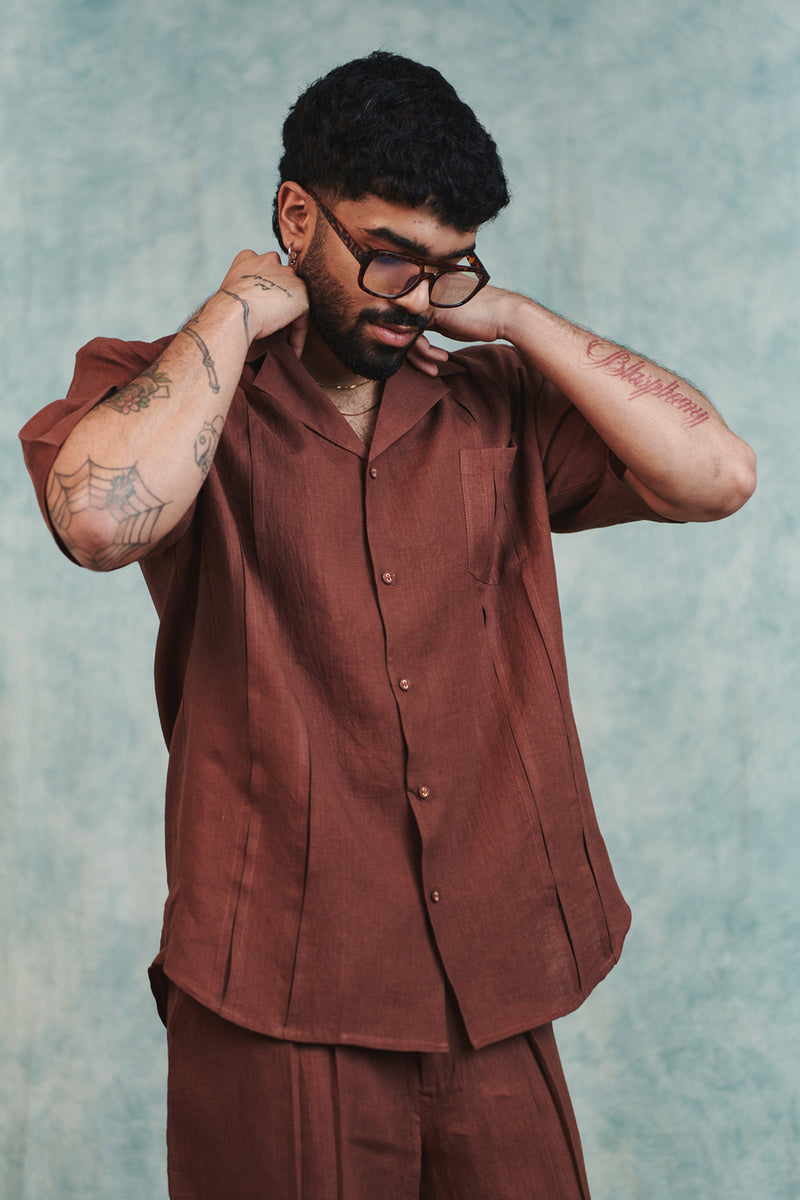 Chocolate Linen Men's Pleated Camp Collar Shirt linen shirt by Saphed Men in brown for men Worldwide