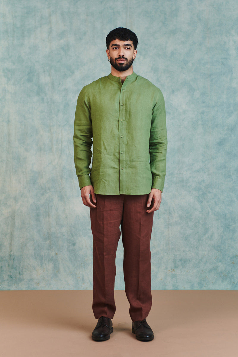 Moss Linen Men's Band Collar Shirt linen shirt by Saphed Men in moss green for men Worldwide