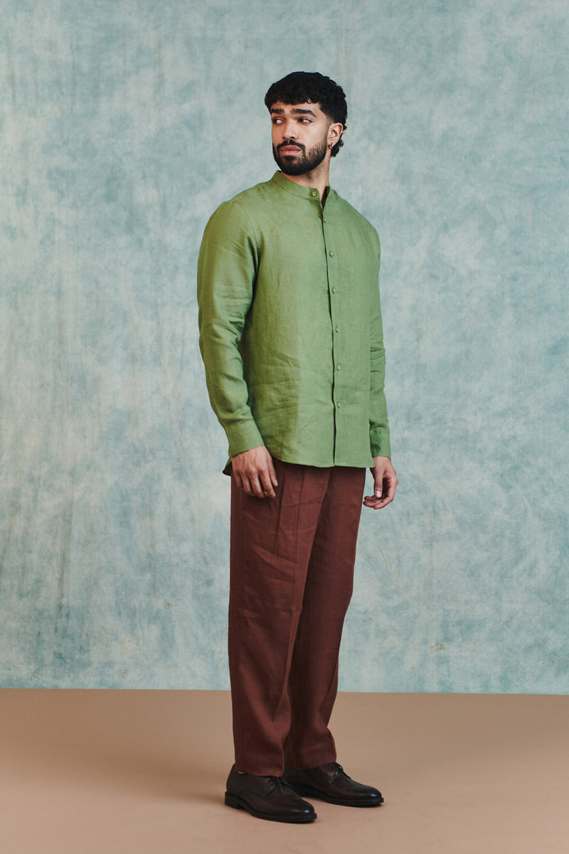 Moss Linen Men's Band Collar Shirt linen shirt by Saphed Men in moss green for men Worldwide