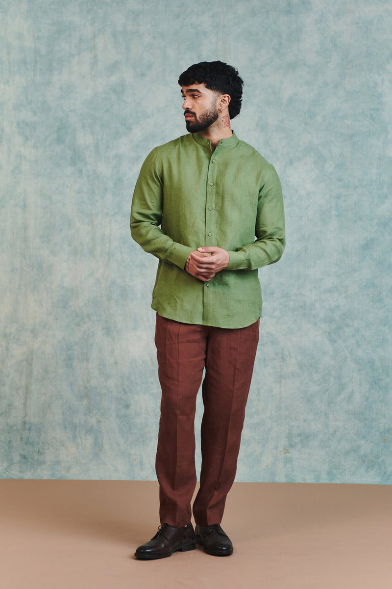 Moss Linen Men's Band Collar Shirt linen shirt by Saphed Men in moss green for men Worldwide