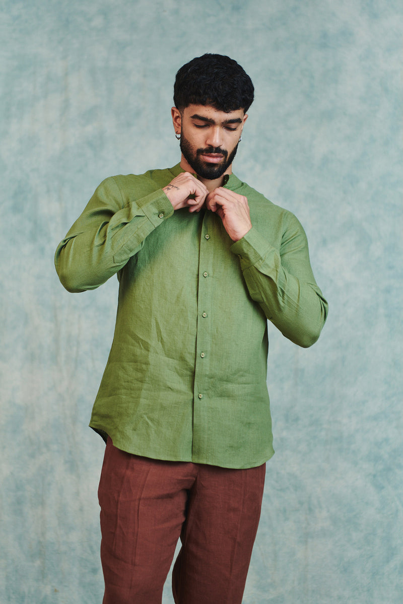 Moss Linen Men's Band Collar Shirt linen shirt by Saphed Men in moss green for men Worldwide