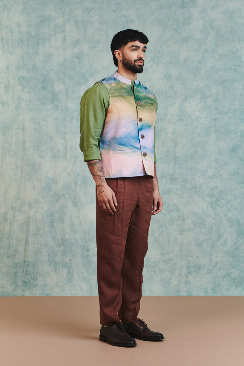 Prism Co-Linen Men's Nehru Jacket cotton linen jacket by Saphed Men in ombre for men Worldwide