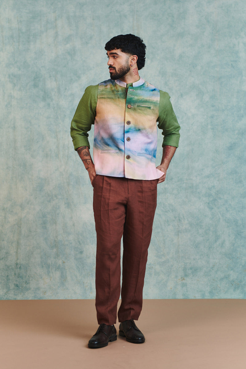 Prism Co-Linen Men's Nehru Jacket cotton linen jacket by Saphed Men in ombre for men Worldwide