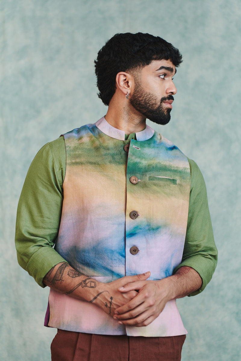 Prism Co-Linen Men's Nehru Jacket cotton linen jacket by Saphed Men in ombre for men Worldwide