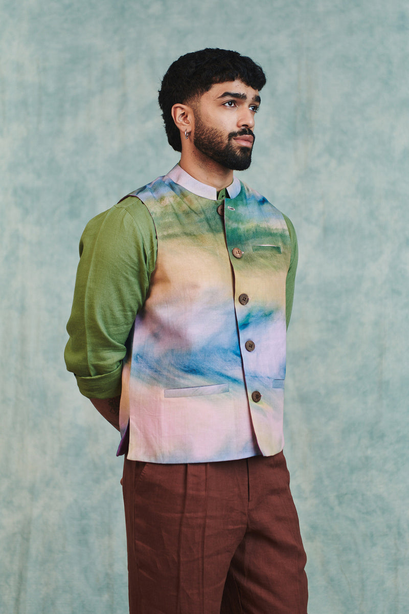 Prism Co-Linen Men's Nehru Jacket cotton linen jacket by Saphed Men in ombre for men Worldwide