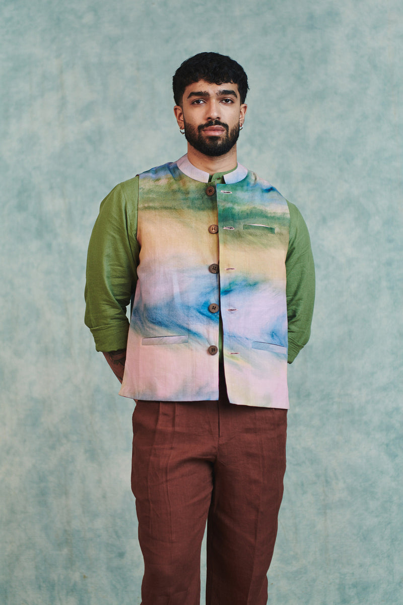 Prism Co-Linen Men's Nehru Jacket cotton linen jacket by Saphed Men in ombre for men Worldwide