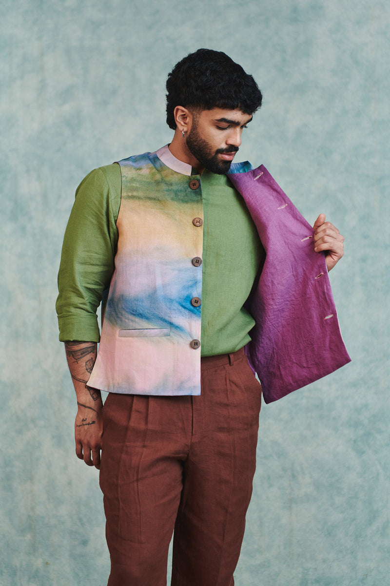 Prism Co-Linen Men's Nehru Jacket cotton linen jacket by Saphed Men in ombre for men Worldwide