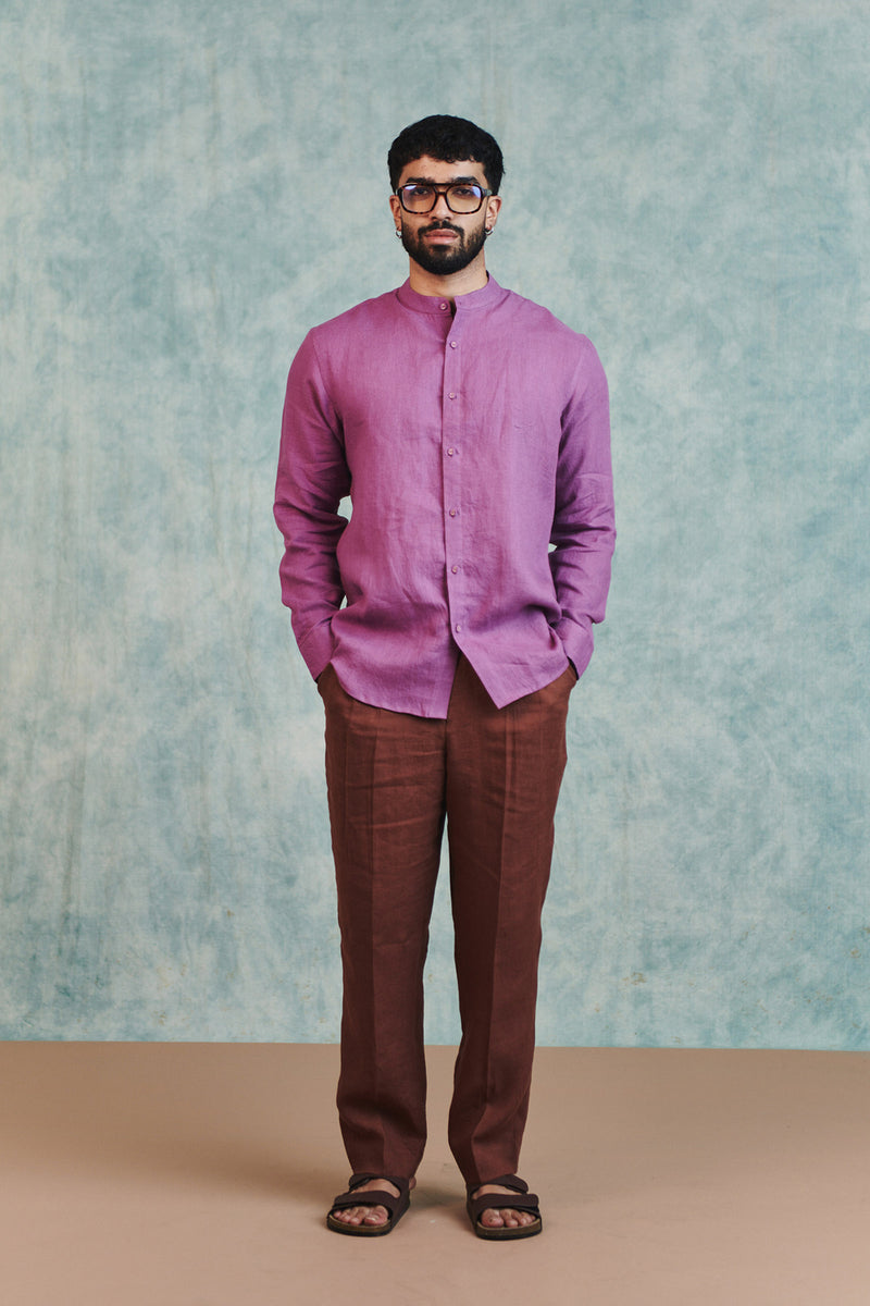 Berry Linen Men's Band Collar Shirt linen shirt by Saphed Men in lilac for men Worldwide