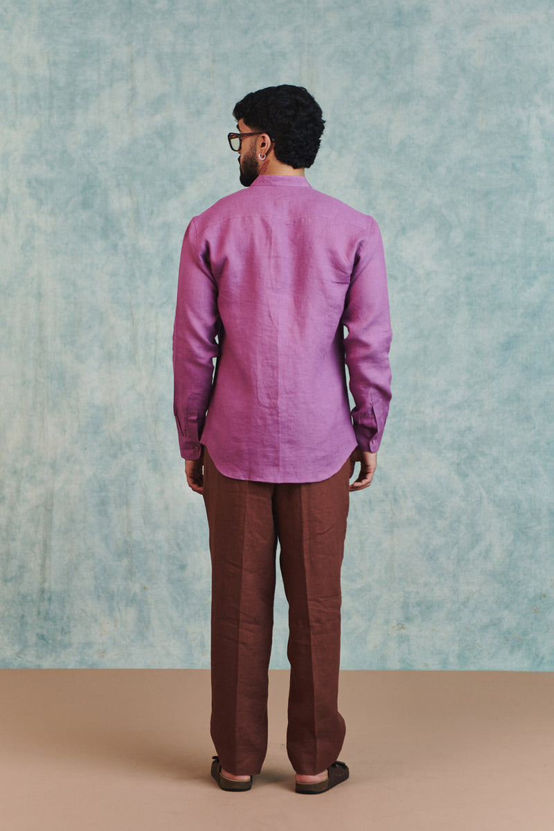 Berry Linen Men's Band Collar Shirt linen shirt by Saphed Men in lilac for men Worldwide