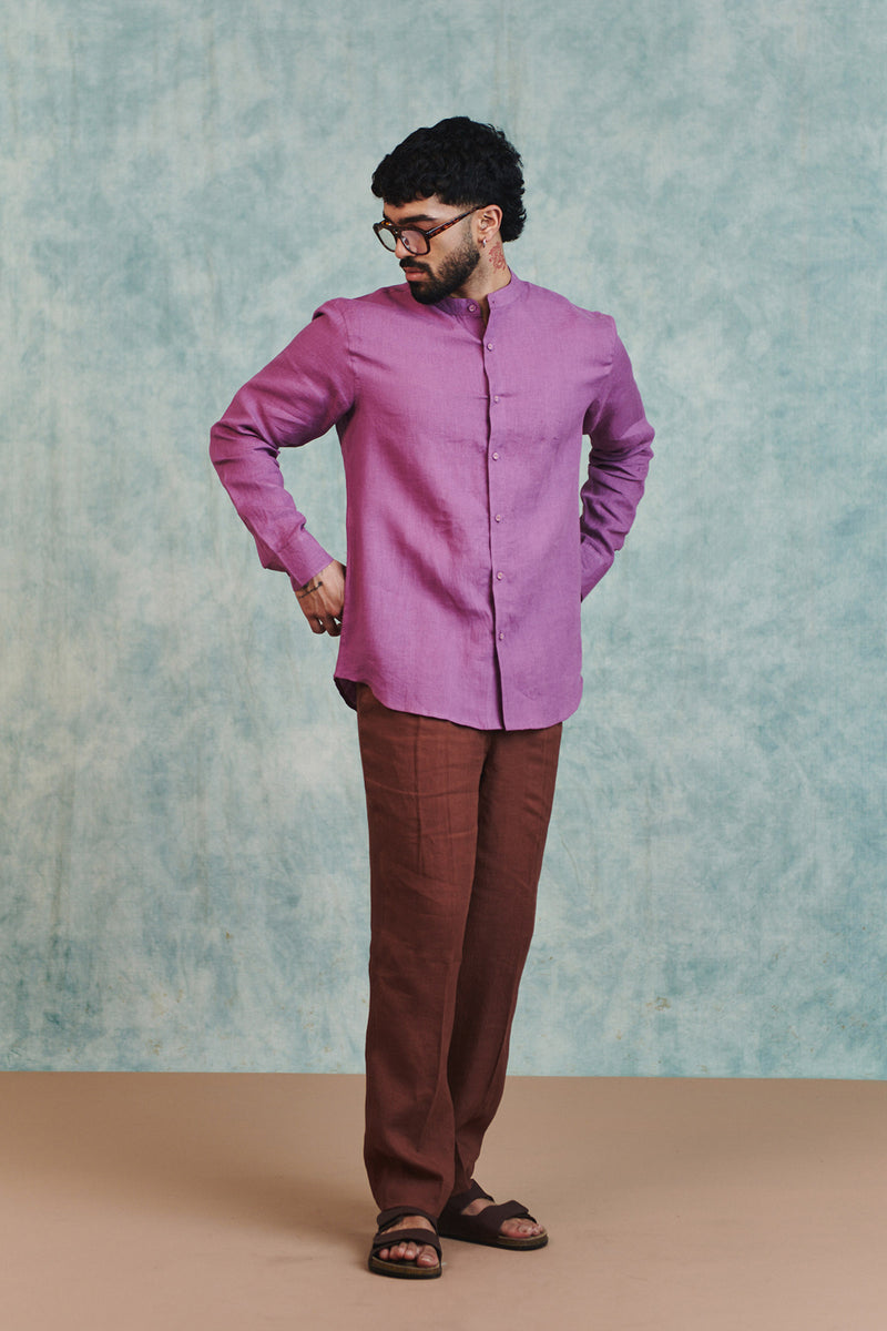 Berry Linen Men's Band Collar Shirt linen shirt by Saphed Men in lilac for men Worldwide