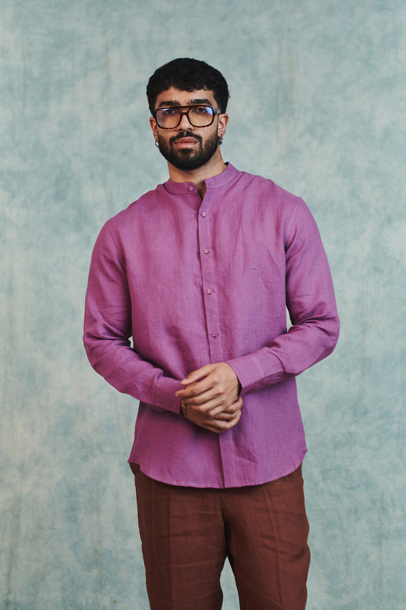 Berry Linen Men's Band Collar Shirt linen shirt by Saphed Men in lilac for men Worldwide